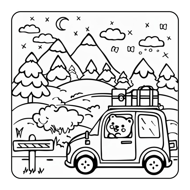 Bear on a mountain road trip — uncolored interior preview