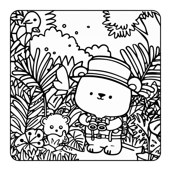 Bear exploring a leafy jungle — uncolored interior preview