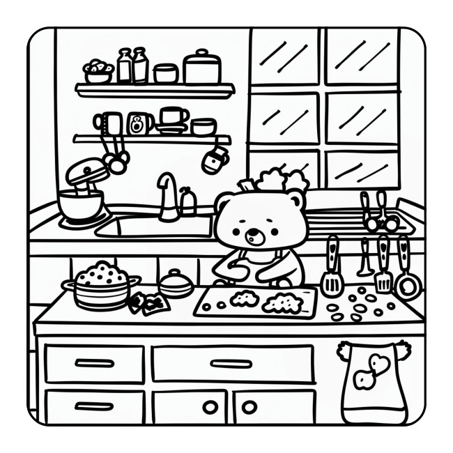 Bear baking in a kitchen — uncolored interior preview