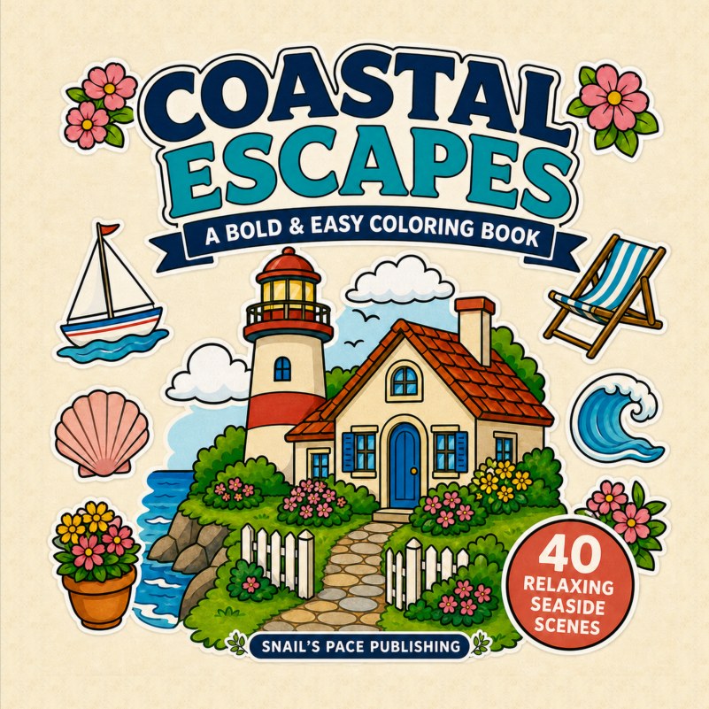 Coastal Escapes paperback cover showing a lighthouse and seaside cottage