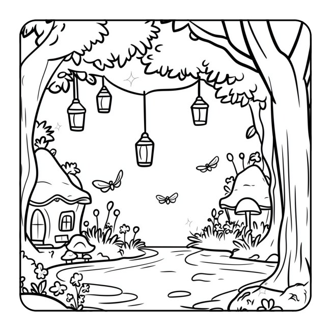 Fairy village with hanging lanterns — uncolored interior preview
