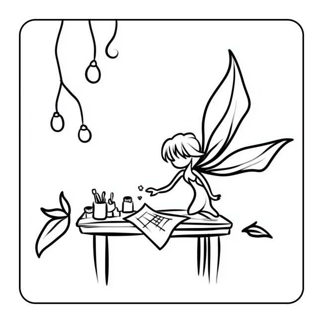 Fairy sitting on a bench — uncolored interior preview