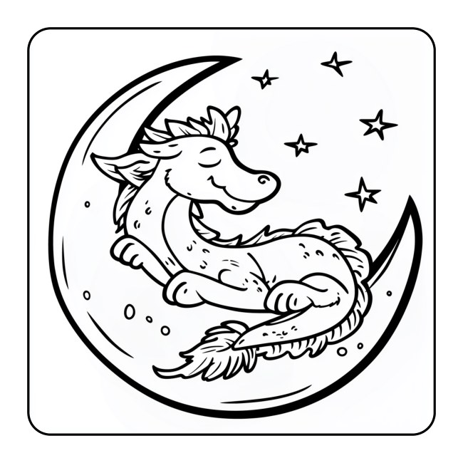 Dragon curled around a crescent moon — uncolored interior preview