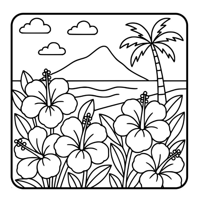 Flowers by a tropical shore — uncolored interior preview
