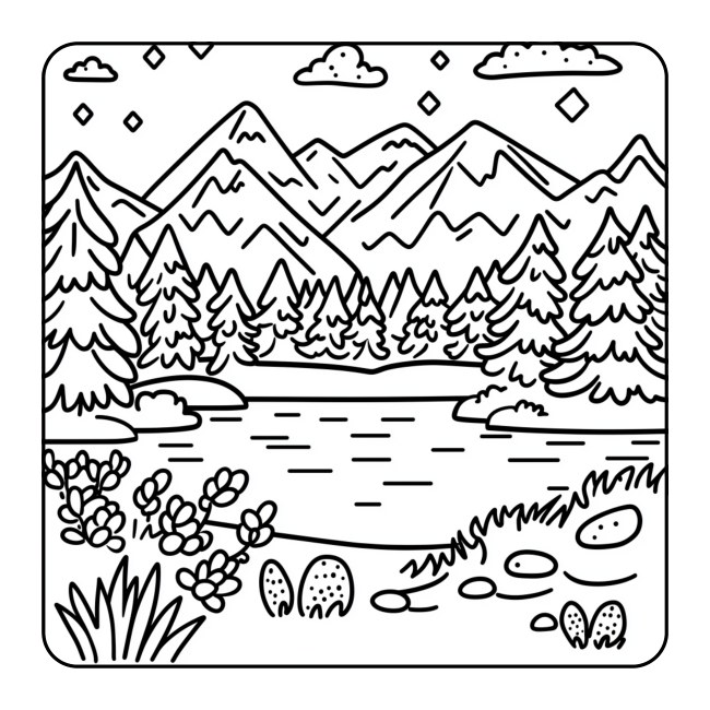 Mountain lake and flowers — uncolored interior preview